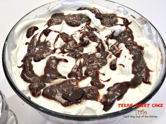 Texas Sheet Cake Trifle | Can't Stay Out of the Kitchen | This spectacular #dessert is divine! Uses #TexasSheetCake plus the #chocolate #pecan icing and a chocolate pudding layer in a trifle dish with #CoolWhip and #maraschinocherries. Amazing.
