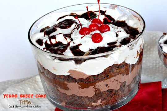 Texas Sheet Cake Trifle | Can't Stay Out of the Kitchen | This spectacular #dessert is divine! Uses #TexasSheetCake plus the #chocolate #pecan icing and a chocolate pudding layer in a trifle dish with #CoolWhip and #maraschinocherries. Amazing.