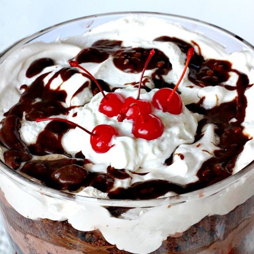 Texas Sheet Cake Trifle | Can't Stay Out of the Kitchen | This spectacular #dessert is divine! Uses #TexasSheetCake plus the #chocolate #pecan icing and a chocolate pudding layer in a trifle dish with #CoolWhip and #maraschinocherries. Amazing.