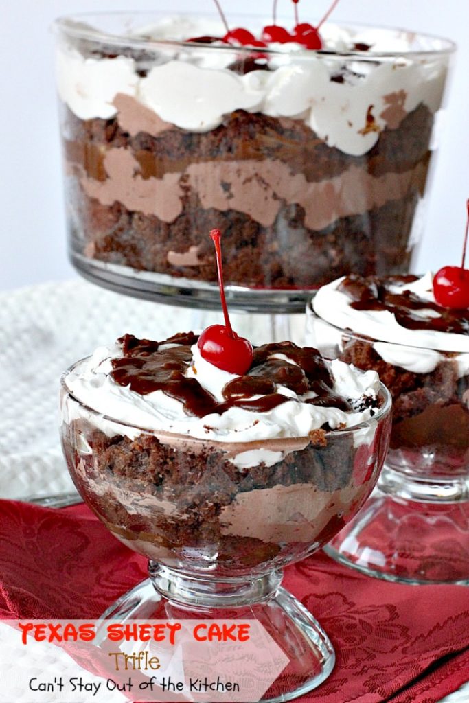 Texas Sheet Cake Trifle | Can't Stay Out of the Kitchen | This spectacular #dessert is divine! Uses #TexasSheetCake plus the #chocolate #pecan icing and a chocolate pudding layer in a trifle dish with #CoolWhip and #maraschinocherries. Amazing.