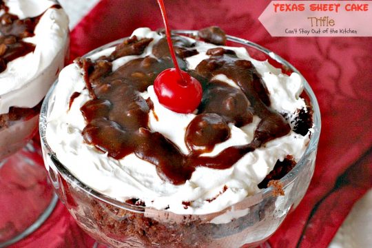 Texas Sheet Cake Trifle | Can't Stay Out of the Kitchen | This spectacular #dessert is divine! Uses #TexasSheetCake plus the #chocolate #pecan icing and a chocolate pudding layer in a trifle dish with #CoolWhip and #maraschinocherries. Amazing.