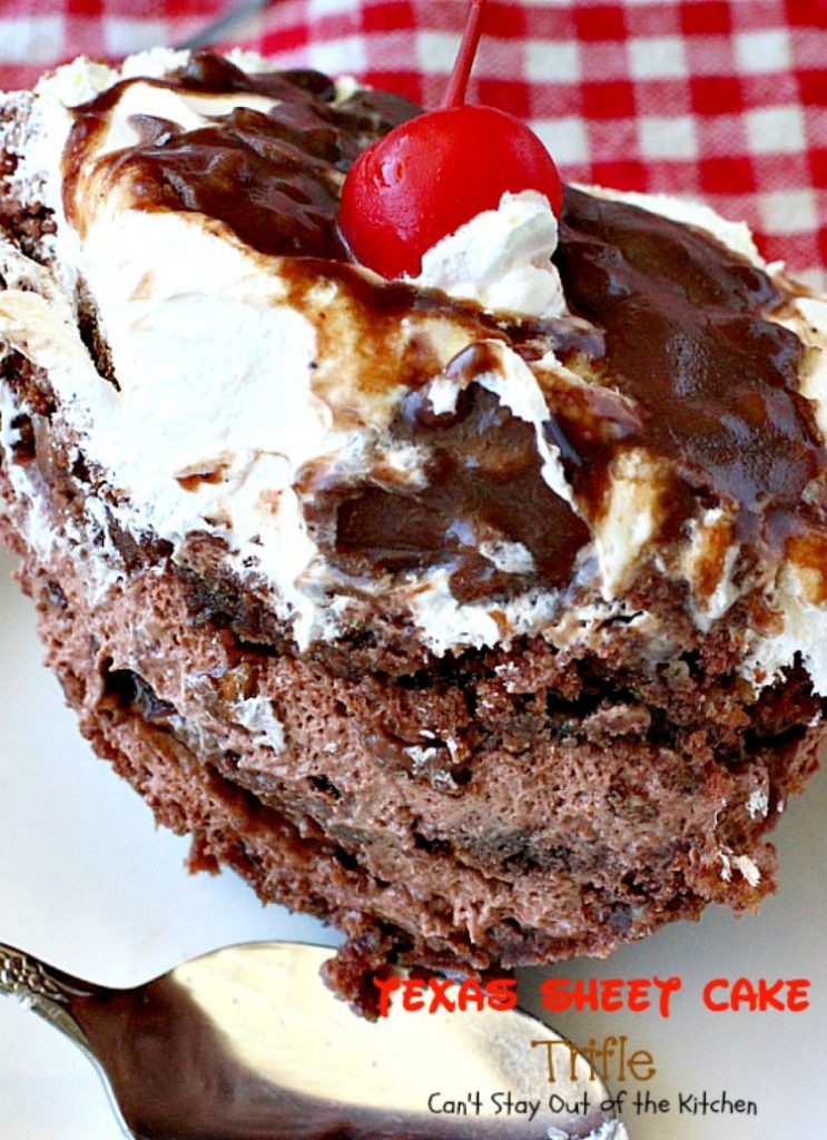 Texas Sheet Cake Trifle | Can't Stay Out of the Kitchen | This spectacular #dessert is divine! Uses #TexasSheetCake plus the #chocolate #pecan icing and a chocolate pudding layer in a trifle dish with #CoolWhip and #maraschinocherries. Amazing.