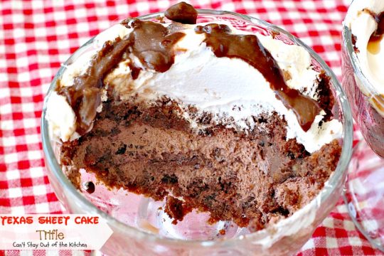 Texas Sheet Cake Trifle | Can't Stay Out of the Kitchen | This spectacular #dessert is divine! Uses #TexasSheetCake plus the #chocolate #pecan icing and a chocolate pudding layer in a trifle dish with #CoolWhip and #maraschinocherries. Amazing.