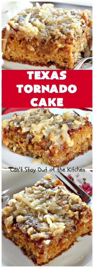 Texas Tornado Cake | Can't Stay Out of the Kitchen | this quick & easy #cake #recipe looks like a tornado hit it after baking! It's filled with #walnuts and #FruitCocktail. The #caramelized icing contains #coconut. This vintage cake will knock your socks off! #dessert #TexasTornadoCake #FruitCocktailCake #peaches #pears #EasyDessertRecipe #Holiday #HolidayDessert #ValentinesDay #ValentinesDayDessert