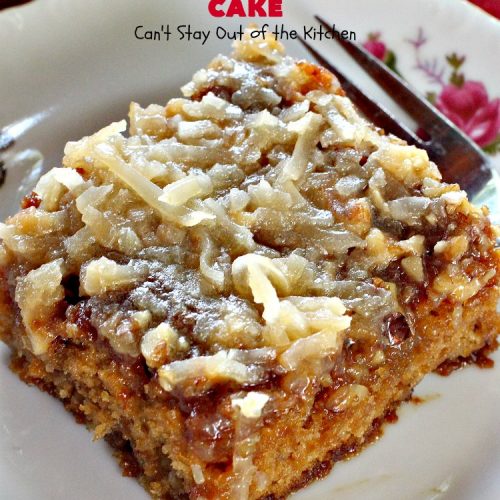 Texas Tornado Cake | Can't Stay Out of the Kitchen | this quick & easy #cake #recipe looks like a tornado hit it after baking! It's filled with #walnuts and #FruitCocktail. The #caramelized icing contains #coconut. This vintage cake will knock your socks off! #dessert #TexasTornadoCake #FruitCocktailCake #peaches #pears #EasyDessertRecipe #Holiday #HolidayDessert #ValentinesDay #ValentinesDayDessert