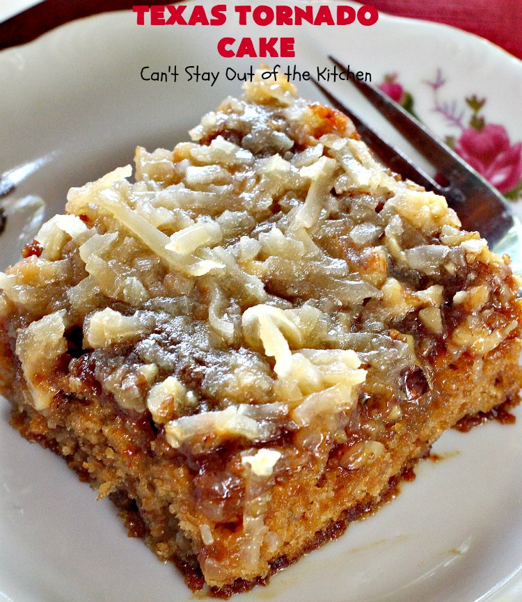 Texas Tornado Cake | Can't Stay Out of the Kitchen | this quick & easy #cake #recipe looks like a tornado hit it after baking! It's filled with #walnuts and #FruitCocktail. The #caramelized icing contains #coconut. This vintage cake will knock your socks off! #dessert #TexasTornadoCake #FruitCocktailCake #peaches #pears #EasyDessertRecipe #Holiday #HolidayDessert #ValentinesDay #ValentinesDayDessert