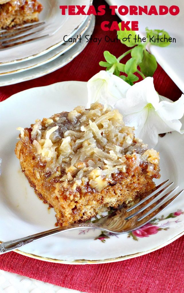 Texas Tornado Cake | Can't Stay Out of the Kitchen | this quick & easy #cake #recipe looks like a tornado hit it after baking! It's filled with #walnuts and #FruitCocktail. The #caramelized icing contains #coconut. This vintage cake will knock your socks off! #dessert #TexasTornadoCake #FruitCocktailCake #peaches #pears #EasyDessertRecipe #Holiday #HolidayDessert #ValentinesDay #ValentinesDayDessert