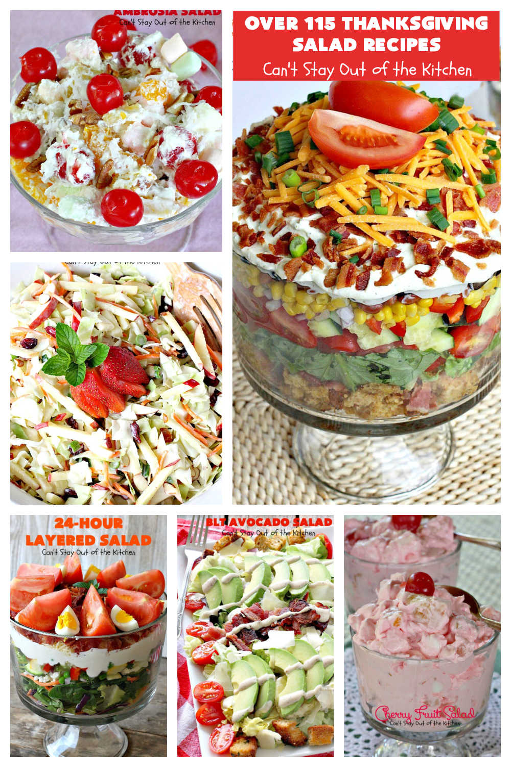 Thanksgiving Salad Recipes | Can't Stay Out of the Kitchen | Over 115 #salad ideas for #Thanksgiving or #Christmas dinner menus. Includes #FruitSalad, #CreamyFruitSalad, #TossedSalad, #SpinachSalad, #GreekSalad, #MarinatedSalad, #MediterraneanSalad #TossedSaladsWithFruit, #TossedSaladsWithMeat #GelatinSalads #BroccoliSalads & #ColeSlaws. #salad #ThanksgivingSaladRecipes