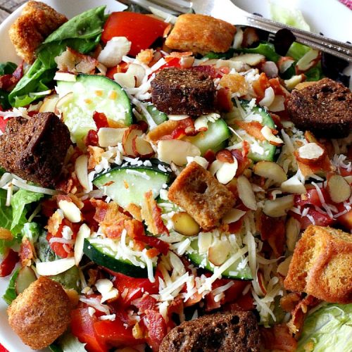 That Good Salad | Can't Stay Out of the Kitchen | this fantastic #salad is a winner. It's made with #bacon, #Swisscheese, #parmesan #cheese, #almonds & #Caesar croutons. It's terrific for company. Also great as a #maindish salad.