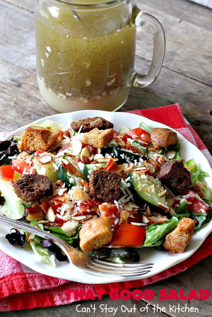 That Good Salad | Can't Stay Out of the Kitchen | this fantastic #salad is a winner. It's made with #bacon, #Swisscheese, #parmesan #cheese, #almonds & #Caesar croutons. It's terrific for company. Also great as a #maindish salad.