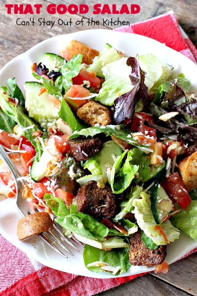 That Good Salad | Can't Stay Out of the Kitchen | this fantastic #salad is a winner. It's made with #bacon, #Swisscheese, #parmesan #cheese, #almonds & #Caesar croutons. It's terrific for company. Also great as a #maindish salad.