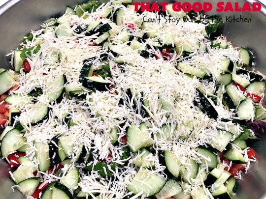 That Good Salad | Can't Stay Out of the Kitchen | this fantastic #salad is a winner. It's made with #bacon, #Swisscheese, #parmesan #cheese, #almonds & #Caesar croutons. It's terrific for company. Also great as a #maindish salad.