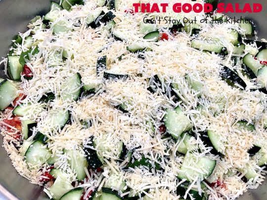 That Good Salad | Can't Stay Out of the Kitchen | this fantastic #salad is a winner. It's made with #bacon, #Swisscheese, #parmesan #cheese, #almonds & #Caesar croutons. It's terrific for company. Also great as a #maindish salad.