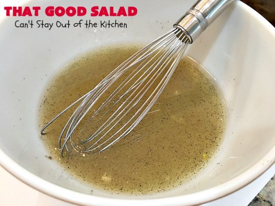 That Good Salad | Can't Stay Out of the Kitchen | this fantastic #salad is a winner. It's made with #bacon, #Swisscheese, #parmesan #cheese, #almonds & #Caesar croutons. It's terrific for company. Also great as a #maindish salad.