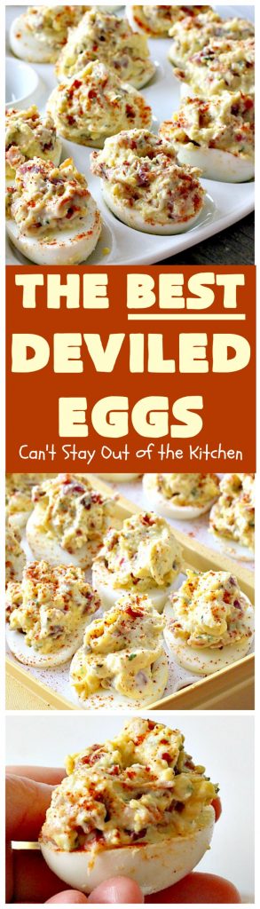 The BEST Deviled Eggs | Can't Stay Out of the Kitchen | my Mom's fabulous recipe. These have a secret ingredient: #bacon! Perfect for the #FourthofJuly & other #holiday fun. #eggs #glutenfree