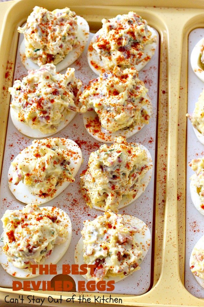 The BEST Deviled Eggs | Can't Stay Out of the Kitchen | my Mom's fabulous recipe. These have a secret ingredient: #bacon! Perfect for the #FourthofJuly & other #holiday fun. #eggs #glutenfree