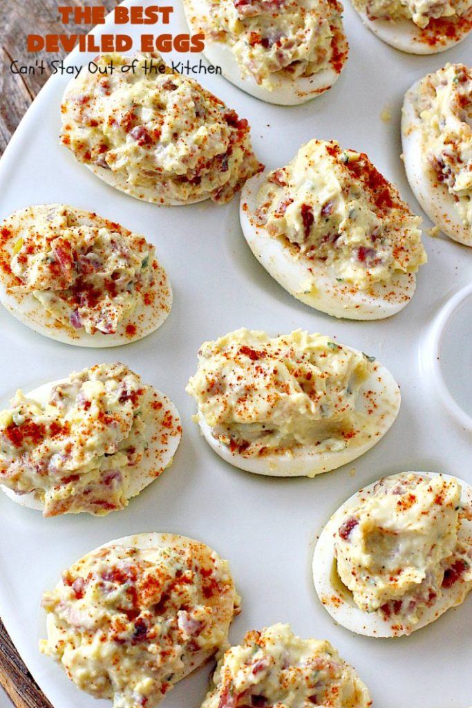 The BEST Deviled Eggs | Can't Stay Out of the Kitchen | my Mom's fabulous recipe. These have a secret ingredient: #bacon! Perfect for the #FourthofJuly & other #holiday fun. #eggs #glutenfree