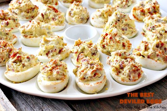 The BEST Deviled Eggs | Can't Stay Out of the Kitchen | my Mom's fabulous recipe. These have a secret ingredient: #bacon! Perfect for the #FourthofJuly & other #holiday fun. #eggs #glutenfree