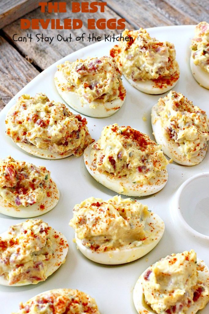 The BEST Deviled Eggs | Can't Stay Out of the Kitchen | my Mom's fabulous recipe. These have a secret ingredient: #bacon! Perfect for the #FourthofJuly & other #holiday fun. #eggs #glutenfree
