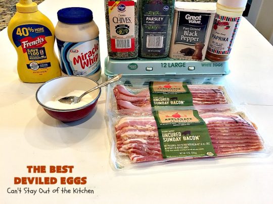 The BEST Deviled Eggs | Can't Stay Out of the Kitchen | my Mom's fabulous recipe. These have a secret ingredient: #bacon! Perfect for the #FourthofJuly & other #holiday fun. #eggs #glutenfree