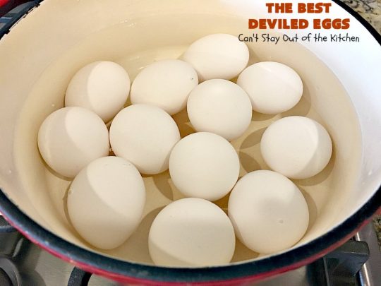 The BEST Deviled Eggs | Can't Stay Out of the Kitchen | my Mom's fabulous recipe. These have a secret ingredient: #bacon! Perfect for the #FourthofJuly & other #holiday fun. #eggs #glutenfree