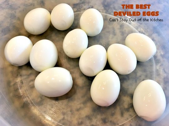The BEST Deviled Eggs | Can't Stay Out of the Kitchen | my Mom's fabulous recipe. These have a secret ingredient: #bacon! Perfect for the #FourthofJuly & other #holiday fun. #eggs #glutenfree