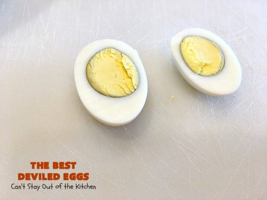 The BEST Deviled Eggs | Can't Stay Out of the Kitchen | my Mom's fabulous recipe. These have a secret ingredient: #bacon! Perfect for the #FourthofJuly & other #holiday fun. #eggs #glutenfree