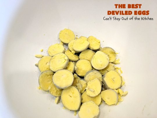 The BEST Deviled Eggs | Can't Stay Out of the Kitchen | my Mom's fabulous recipe. These have a secret ingredient: #bacon! Perfect for the #FourthofJuly & other #holiday fun. #eggs #glutenfree