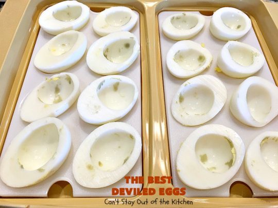 The BEST Deviled Eggs | Can't Stay Out of the Kitchen | my Mom's fabulous recipe. These have a secret ingredient: #bacon! Perfect for the #FourthofJuly & other #holiday fun. #eggs #glutenfree