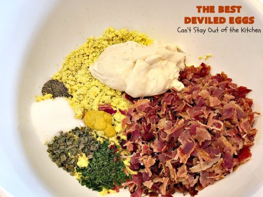 The BEST Deviled Eggs | Can't Stay Out of the Kitchen | my Mom's fabulous recipe. These have a secret ingredient: #bacon! Perfect for the #FourthofJuly & other #holiday fun. #eggs #glutenfree