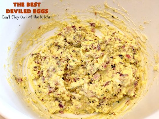 The BEST Deviled Eggs | Can't Stay Out of the Kitchen | my Mom's fabulous recipe. These have a secret ingredient: #bacon! Perfect for the #FourthofJuly & other #holiday fun. #eggs #glutenfree