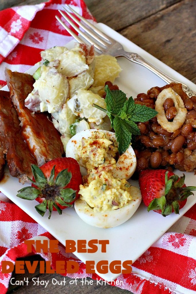 The Best Deviled Eggs | Can't Stay Out of the Kitchen | Best #deviledeggs ever! These #eggs have #bacon & are so mouthwatering you won't want to stop eating them! They are the hit at every party. #glutefree