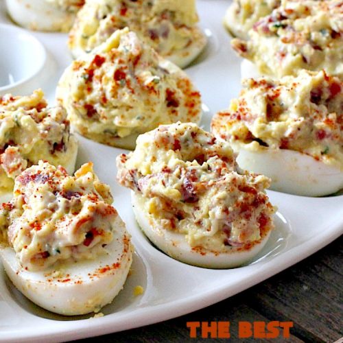 The BEST Deviled Eggs | Can't Stay Out of the Kitchen | my Mom's fabulous recipe. These have a secret ingredient: #bacon! Perfect for the #FourthofJuly & other #holiday fun. #eggs #glutenfree