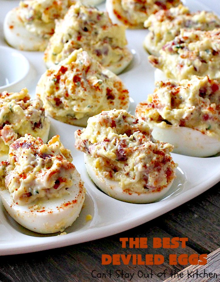 The BEST Deviled Eggs | Can't Stay Out of the Kitchen | my Mom's fabulous recipe. These have a secret ingredient: #bacon! Perfect for the #FourthofJuly & other #holiday fun. #eggs #glutenfree