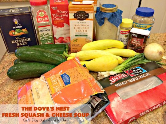 The Dove's Nest Fresh Squash & Cheese Soup | Can't Stay Out of the Kitchen | We love this amazing #soup especially in the fall. It's one of the best from #TheDovesNest tearoom in Waxahachie, Texas. I made a #glutenfree version. #squash #zucchini #bacon #cheese
