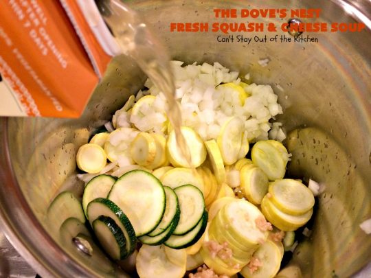 The Dove's Nest Fresh Squash & Cheese Soup | Can't Stay Out of the Kitchen | We love this amazing #soup especially in the fall. It's one of the best from #TheDovesNest tearoom in Waxahachie, Texas. I made a #glutenfree version. #squash #zucchini #bacon #cheese