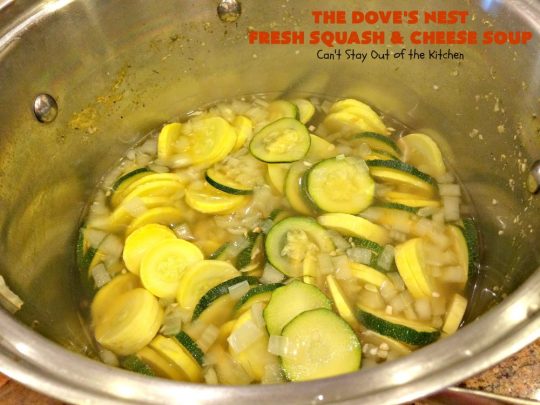 The Dove's Nest Fresh Squash & Cheese Soup | Can't Stay Out of the Kitchen | We love this amazing #soup especially in the fall. It's one of the best from #TheDovesNest tearoom in Waxahachie, Texas. I made a #glutenfree version. #squash #zucchini #bacon #cheese