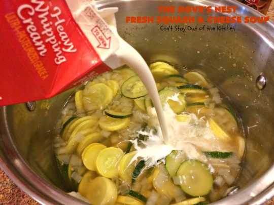 The Dove's Nest Fresh Squash & Cheese Soup | Can't Stay Out of the Kitchen | We love this amazing #soup especially in the fall. It's one of the best from #TheDovesNest tearoom in Waxahachie, Texas. I made a #glutenfree version. #squash #zucchini #bacon #cheese
