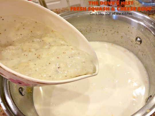 The Dove's Nest Fresh Squash & Cheese Soup | Can't Stay Out of the Kitchen | We love this amazing #soup especially in the fall. It's one of the best from #TheDovesNest tearoom in Waxahachie, Texas. I made a #glutenfree version. #squash #zucchini #bacon #cheese