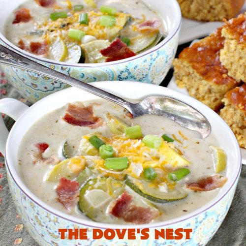 The Dove's Nest Fresh Squash & Cheese Soup | Can't Stay Out of the Kitchen | We love this amazing #soup especially in the fall. It's one of the best from #TheDovesNest tearoom in Waxahachie, Texas. I made a #glutenfree version. #squash #zucchini #bacon #cheese