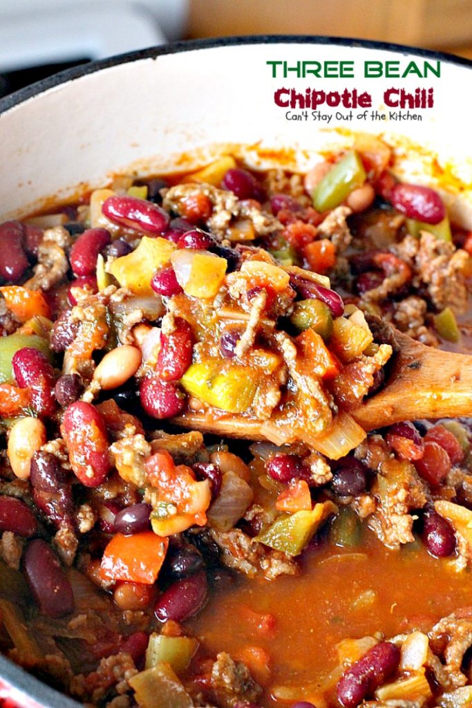 Three Bean Chipotle Chili | Can't Stay Out of the Kitchen | this fabulous #chili is great for #tailgating parties, yet it's healthy, #clean-eating & #glutenfree. Uses three kinds of #beans and lean #groundbeef. #chipotlepeppers in Adobo Sauce makes it sizzle! #soup