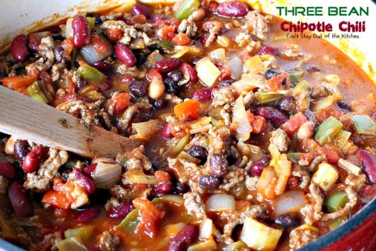 Three Bean Chipotle Chili | Can't Stay Out of the Kitchen | this fabulous #chili is great for #tailgating parties, yet it's healthy, #clean-eating & #glutenfree. Uses three kinds of #beans and lean #groundbeef. #chipotlepeppers in Adobo Sauce makes it sizzle! #soup
