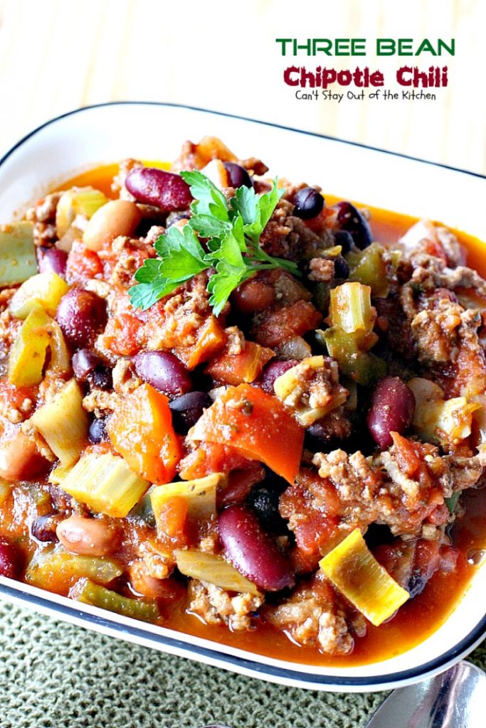 Three Bean Chipotle Chili | Can't Stay Out of the Kitchen | this fabulous #chili is great for #tailgating parties, yet it's healthy, #clean-eating & #glutenfree. Uses three kinds of #beans and lean #groundbeef. #chipotlepeppers in Adobo Sauce makes it sizzle! #soup