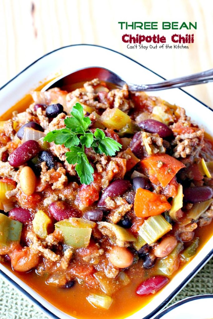 Three Bean Chipotle Chili | Can't Stay Out of the Kitchen | this fabulous #chili is great for #tailgating parties, yet it's healthy, #clean-eating & #glutenfree. Uses three kinds of #beans and lean #groundbeef. #chipotlepeppers in Adobo Sauce makes it sizzle! #soup