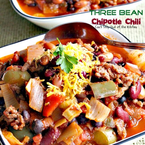 Three Bean Chipotle Chili | Can't Stay Out of the Kitchen | this fabulous #chili is great for #tailgating parties, yet it's healthy, #clean-eating & #glutenfree. Uses three kinds of #beans and lean #groundbeef. #chipotlepeppers in Adobo Sauce makes it sizzle! #soup