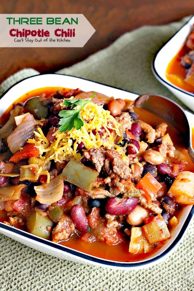 Three Bean Chipotle Chili | Can't Stay Out of the Kitchen | this fabulous #chili is great for #tailgating parties, yet it's healthy, #clean-eating & #glutenfree. Uses three kinds of #beans and lean #groundbeef. #chipotlepeppers in Adobo Sauce makes it sizzle! #soup