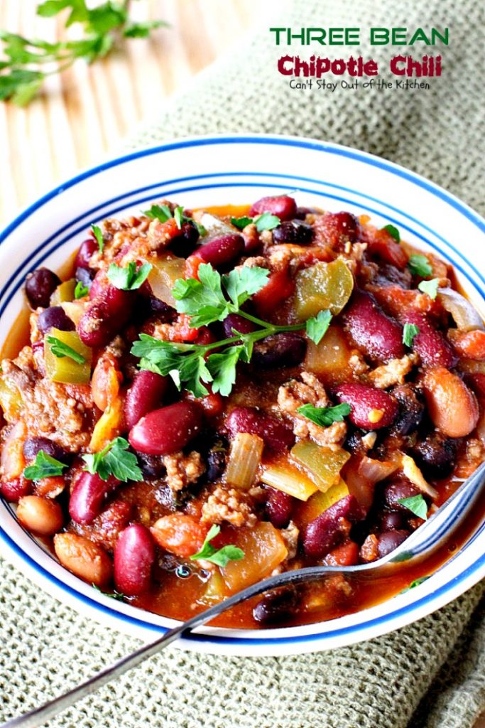 Three Bean Chipotle Chili | Can't Stay Out of the Kitchen | this fabulous #chili is great for #tailgating parties, yet it's healthy, #clean-eating & #glutenfree. Uses three kinds of #beans and lean #groundbeef. #chipotlepeppers in Adobo Sauce makes it sizzle! #soup