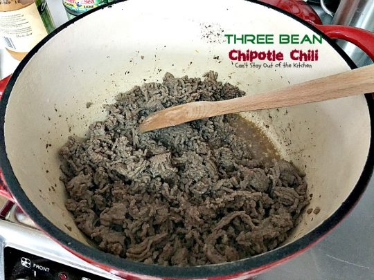 Three Bean Chipotle Chili | Can't Stay Out of the Kitchen | this fabulous #chili is great for #tailgating parties, yet it's healthy, #clean-eating & #glutenfree. Uses three kinds of #beans and lean #groundbeef. #chipotlepeppers in Adobo Sauce makes it sizzle! #soup