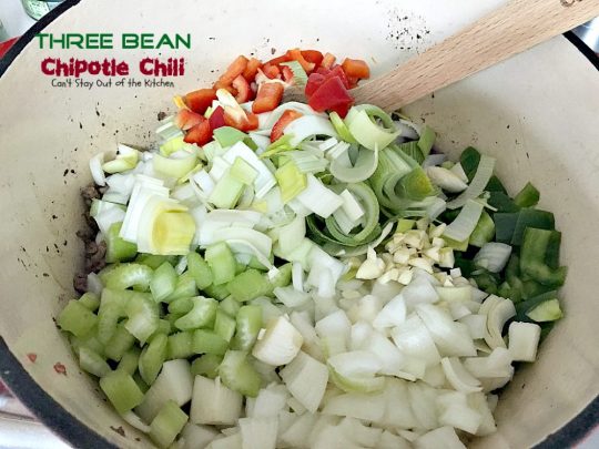 Three Bean Chipotle Chili | Can't Stay Out of the Kitchen | this fabulous #chili is great for #tailgating parties, yet it's healthy, #clean-eating & #glutenfree. Uses three kinds of #beans and lean #groundbeef. #chipotlepeppers in Adobo Sauce makes it sizzle! #soup