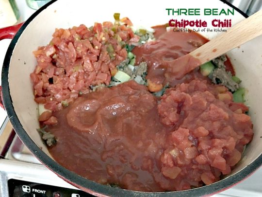 Three Bean Chipotle Chili | Can't Stay Out of the Kitchen | this fabulous #chili is great for #tailgating parties, yet it's healthy, #clean-eating & #glutenfree. Uses three kinds of #beans and lean #groundbeef. #chipotlepeppers in Adobo Sauce makes it sizzle! #soup